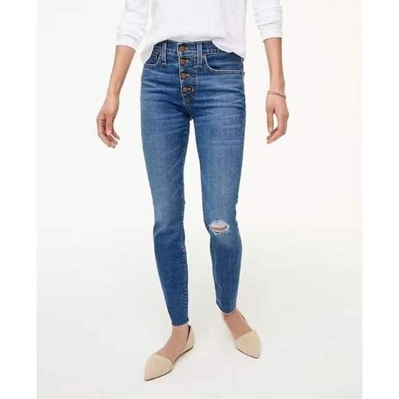 New! J. Crew Button Fly Raw Hem 9" Mid-Rise Skinny Signature Stretch Jeans, 24 - Picture 1 of 15